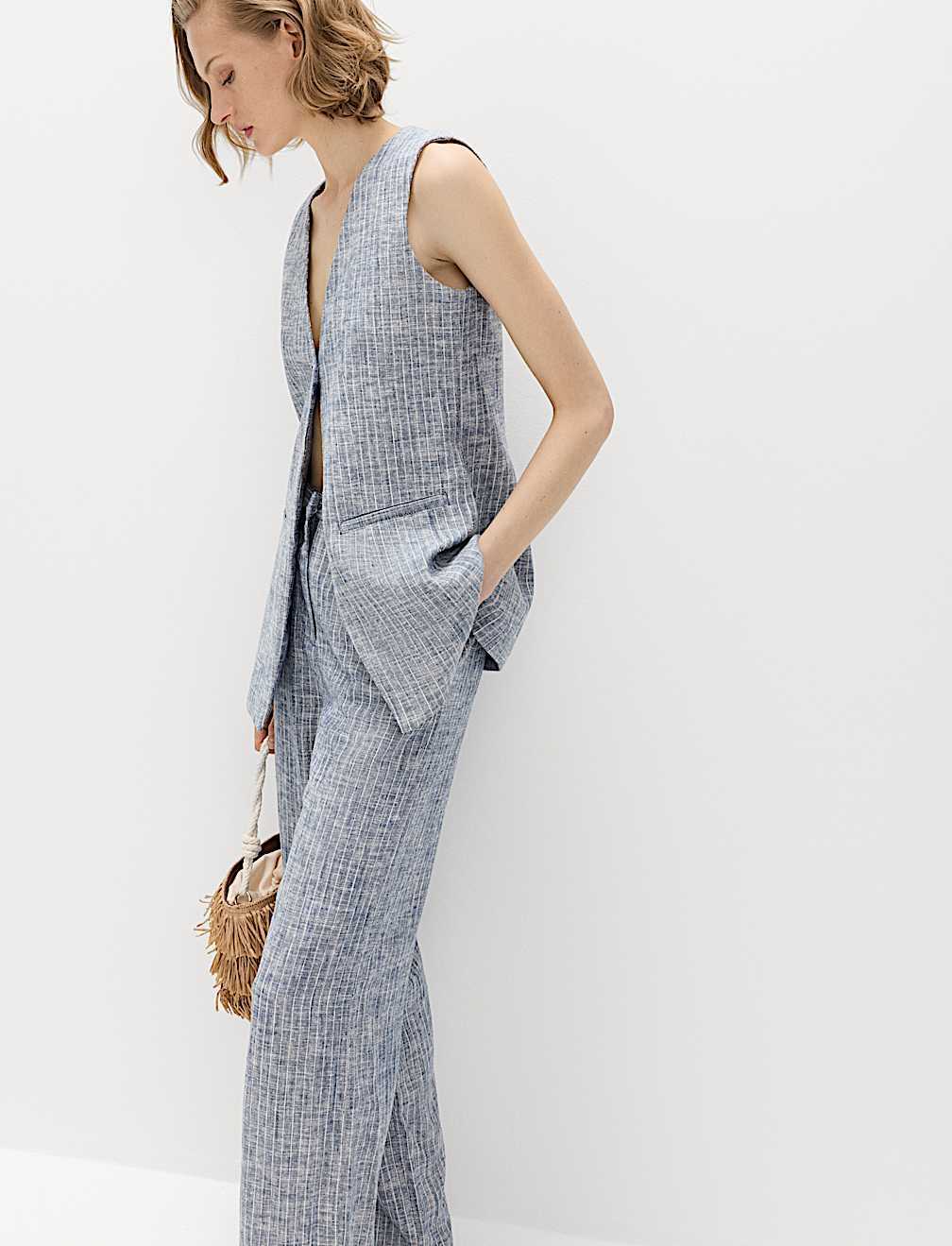 Linen Blend Striped Waistcoat