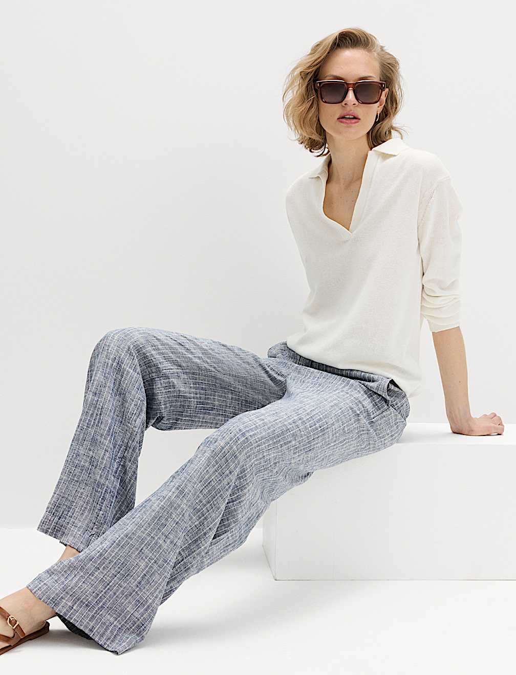 Linen Blend Pinstripe Wide Leg Trousers