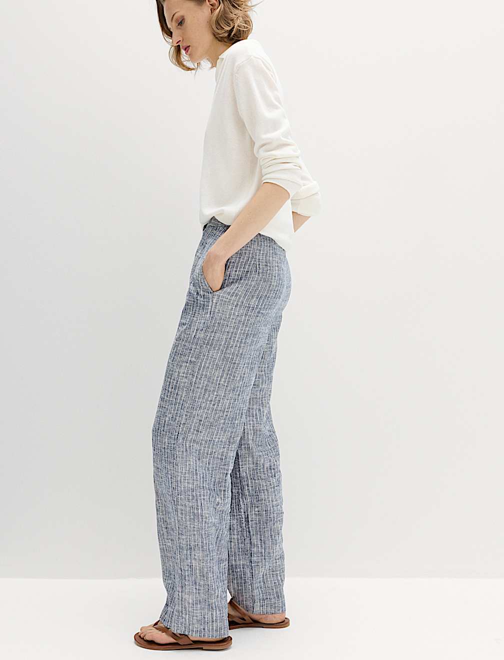 Linen Blend Pinstripe Wide Leg Trousers