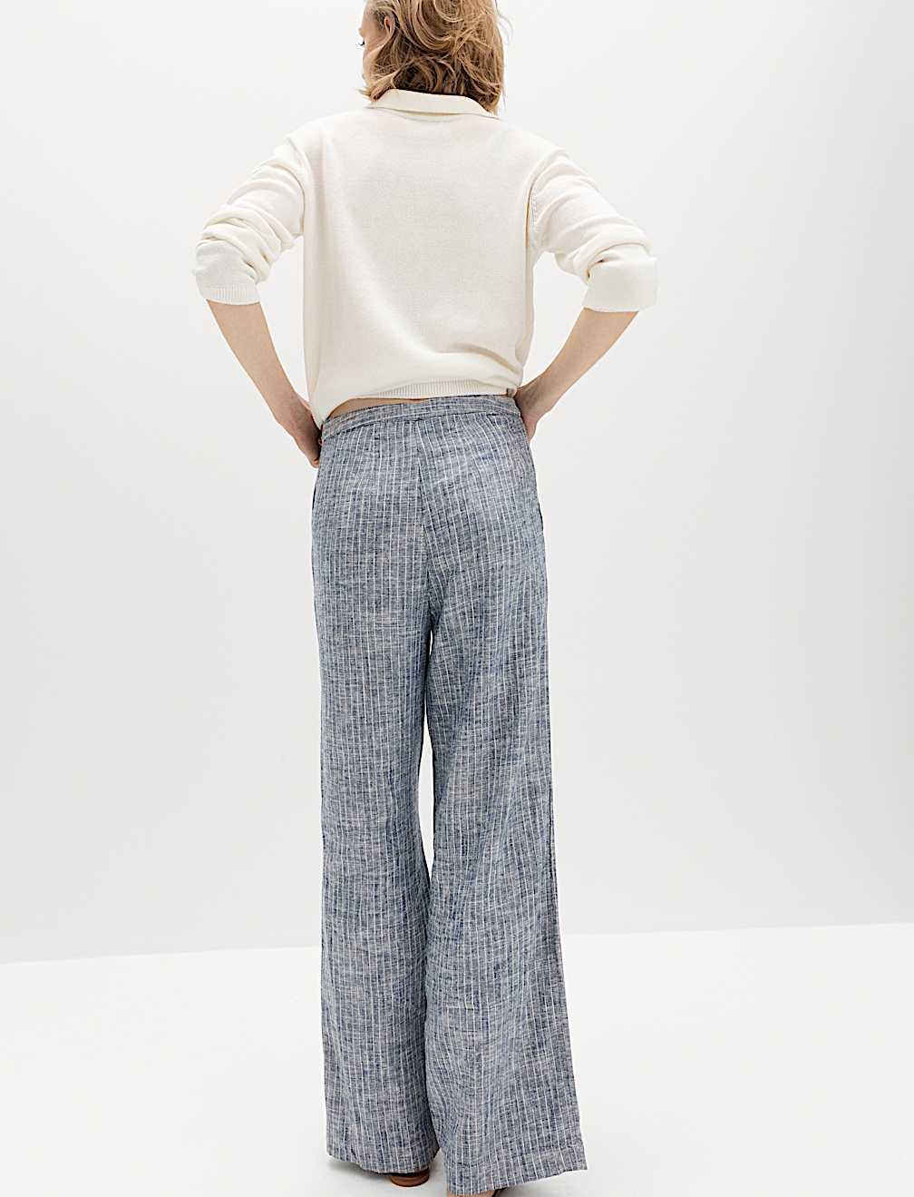 Linen Blend Pinstripe Wide Leg Trousers