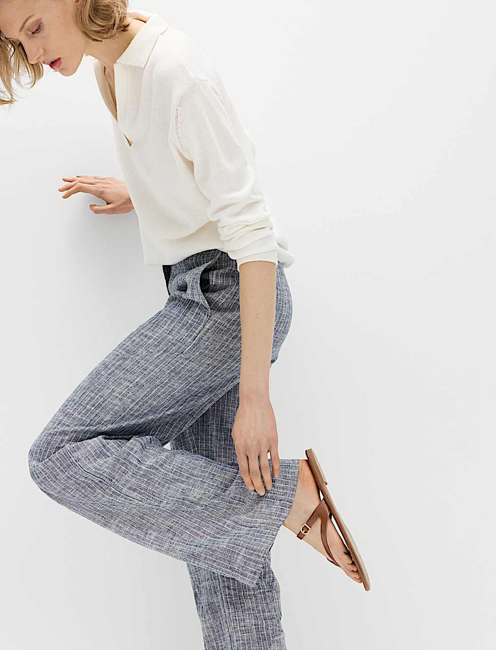 Linen Blend Pinstripe Wide Leg Trousers