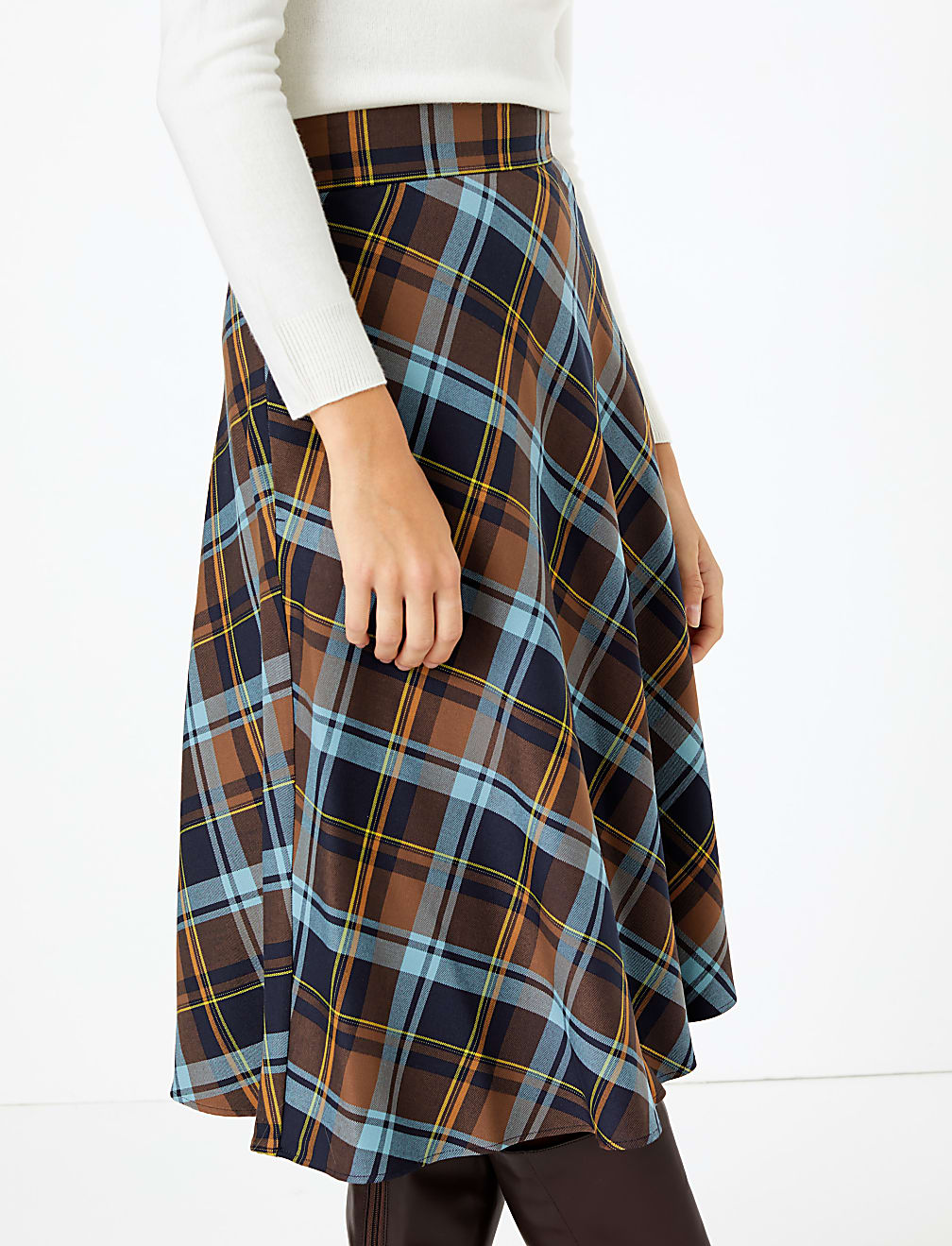 Checked A-Line Midi Skirt