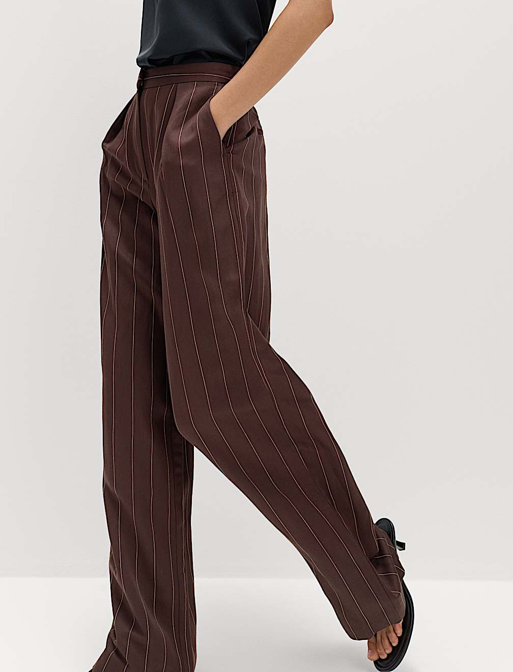 Linen Blend Pinstripe Relaxed Straight Trousers