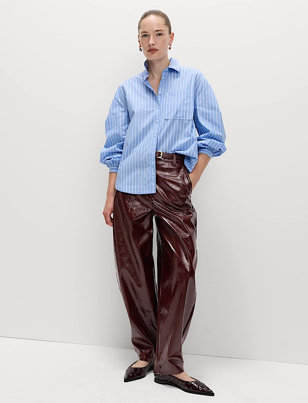 Leather Look Textured Barrel Leg Trousers