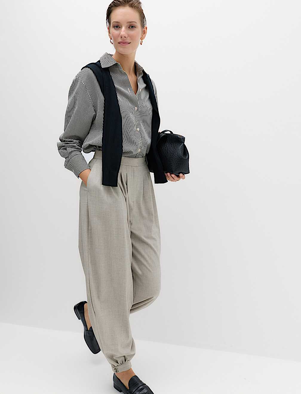 Checked Pleated Hem Balloon Trousers