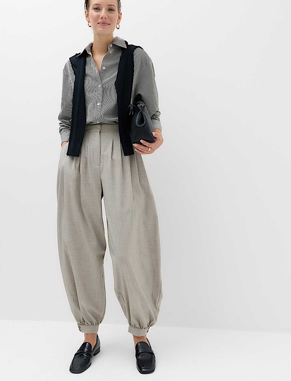 Checked Pleated Hem Balloon Trousers