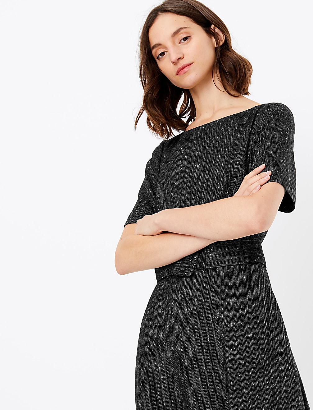 Belted Herringbone Fit & Flare Midi Dress