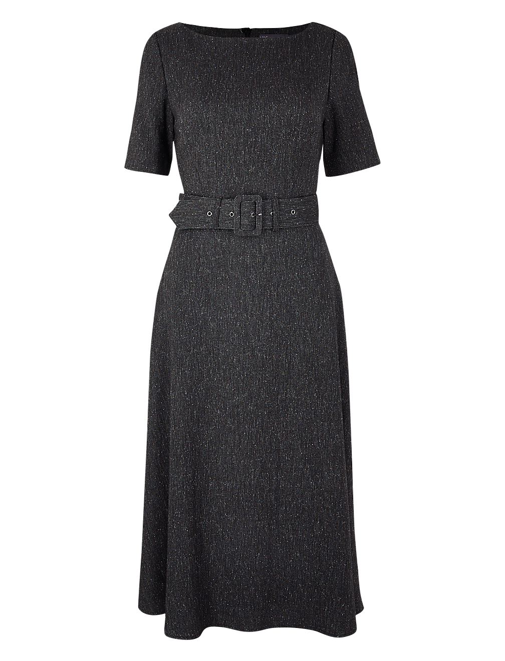 Belted Herringbone Fit & Flare Midi Dress
