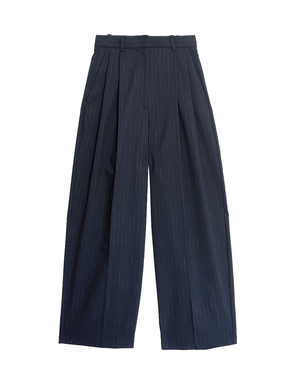 Pinstripe Pleat Front Wide Leg Trousers