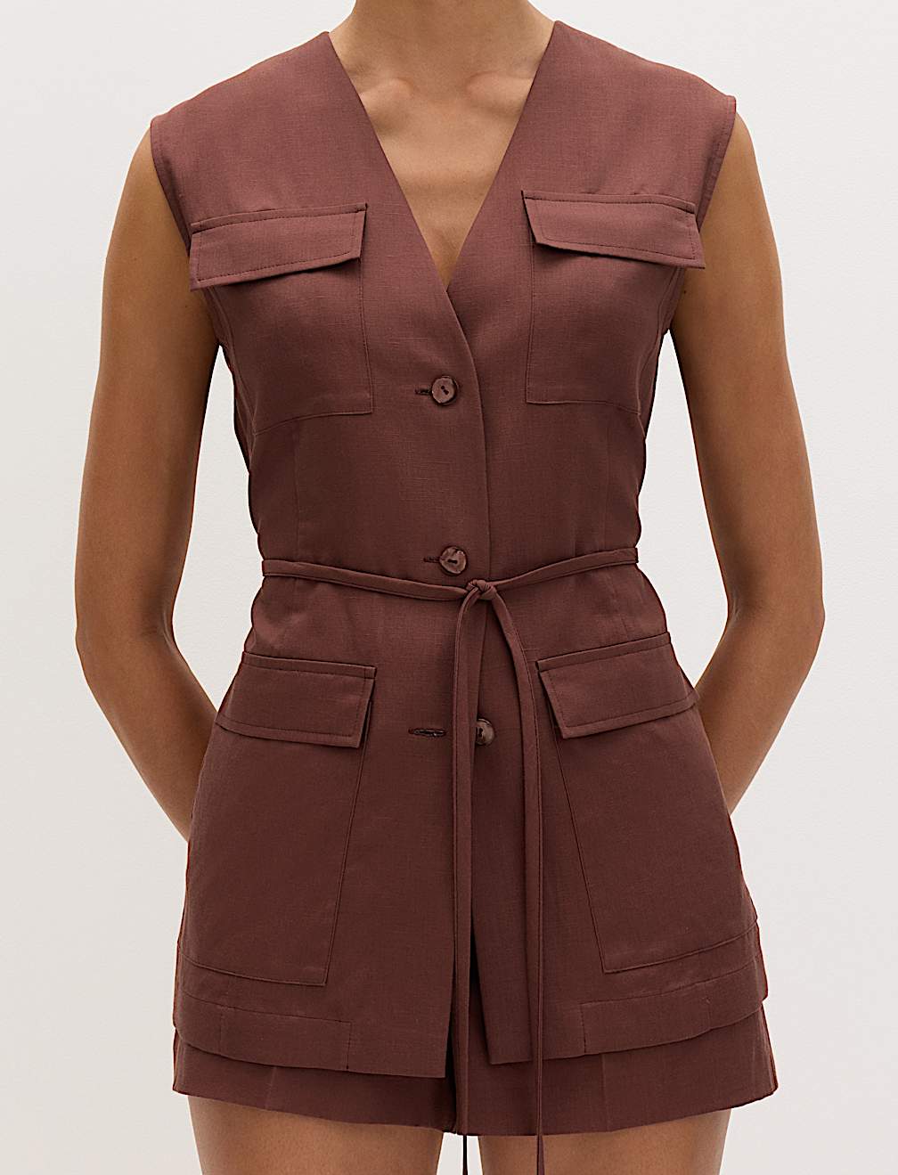 Belted Utility Longline Waistcoat with Linen