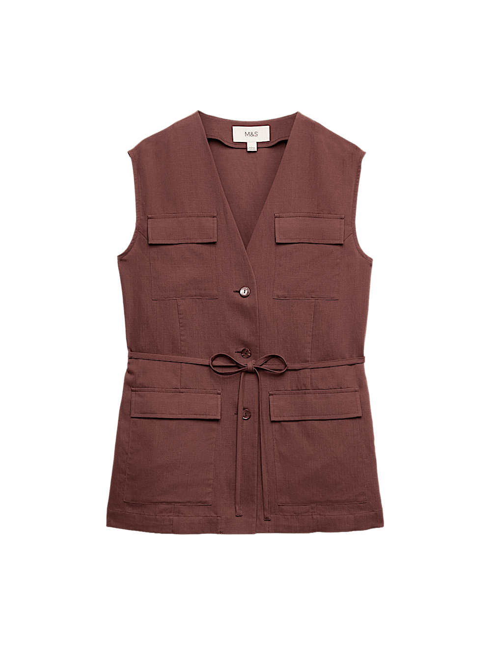 Belted Utility Longline Waistcoat with Linen