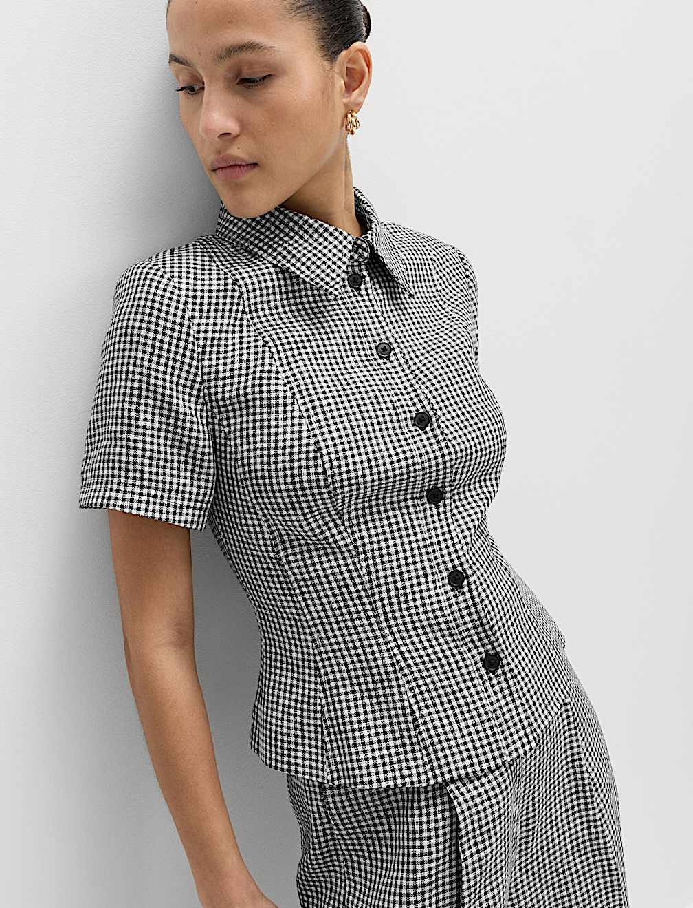 Pure Linen Tailored Checked Collared Jacket