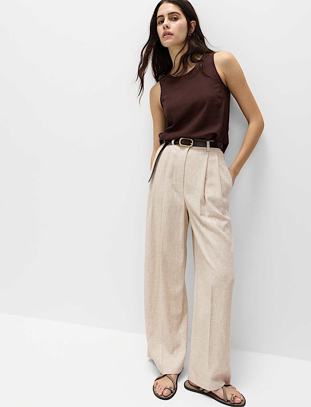 Linen Blend Pleat Front Wide Leg Trousers