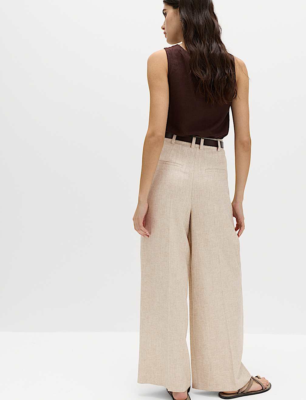 Linen Blend Pleat Front Wide Leg Trousers