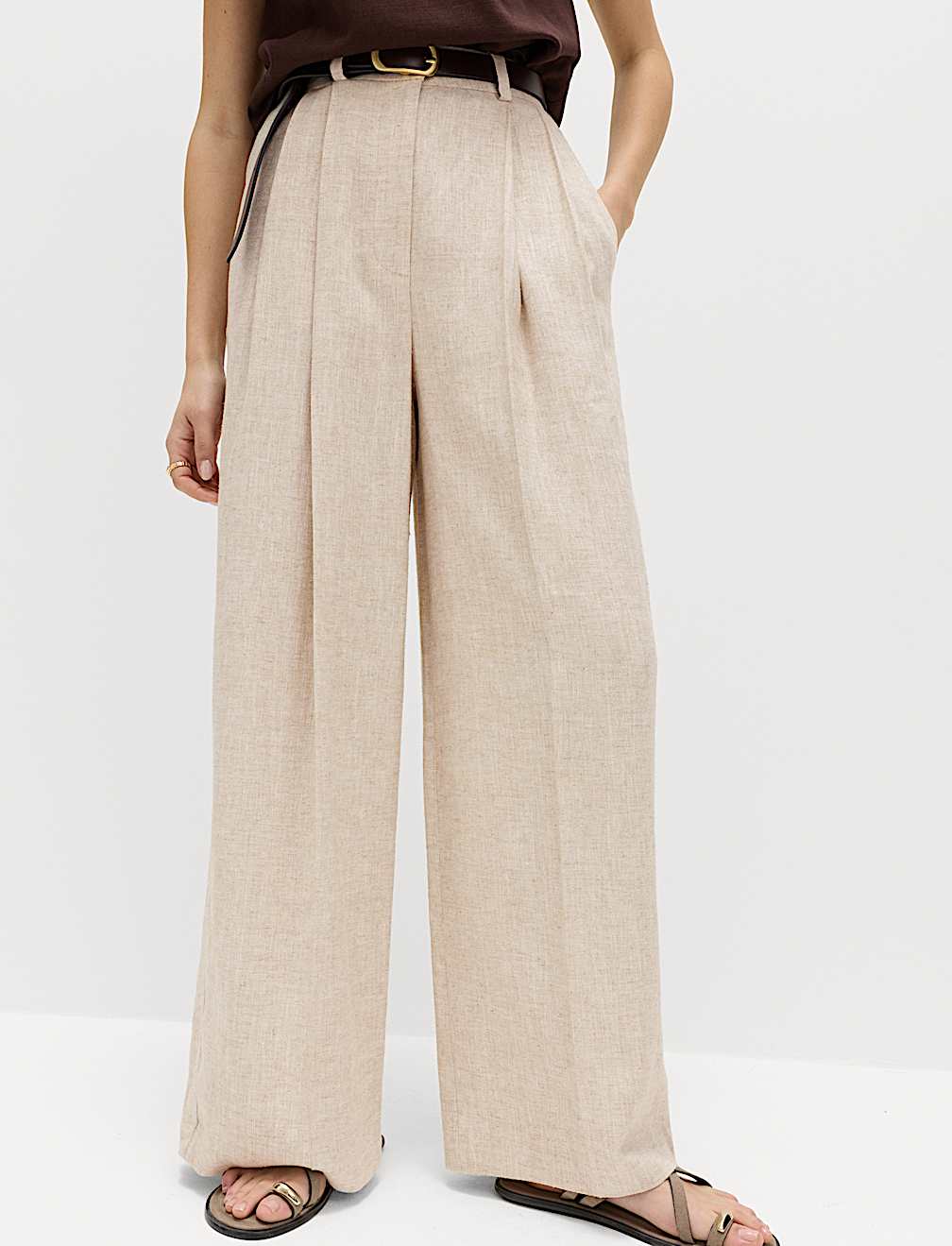 Linen Blend Pleat Front Wide Leg Trousers