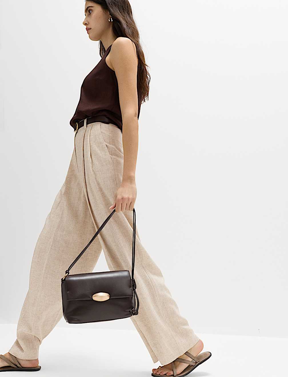 Linen Blend Pleat Front Wide Leg Trousers