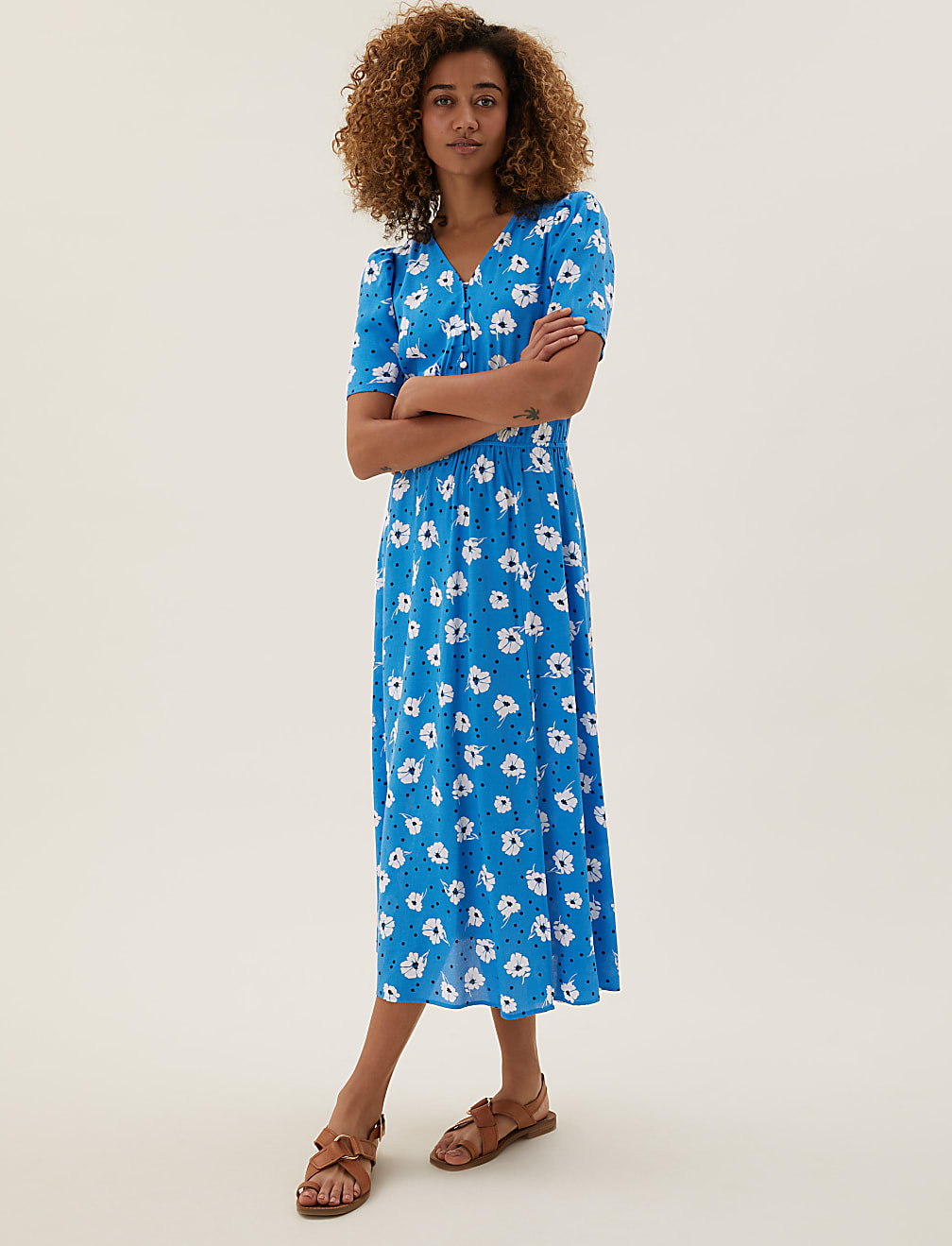 Floral Puff Sleeve Midi Waisted Dress