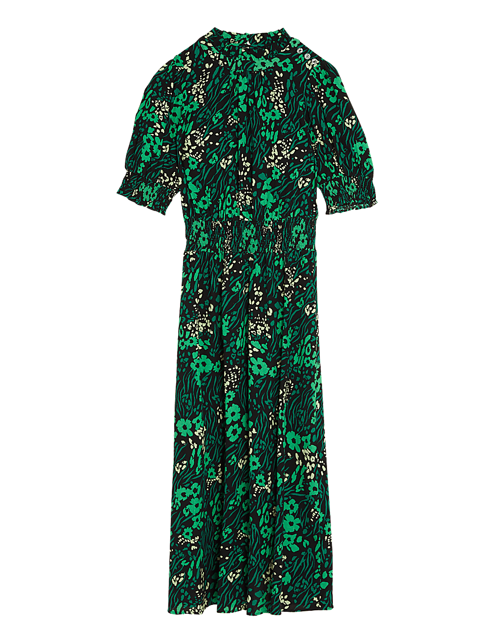 Floral High Neck Shirred Midi Waisted Dress