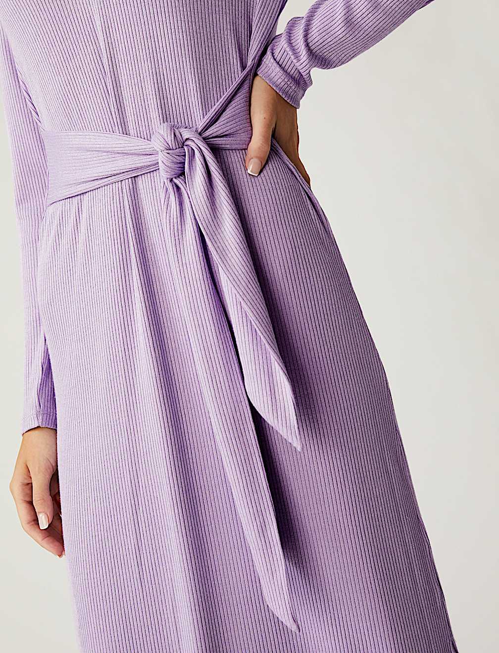 Ribbed V-Neck Tie Front Midi Column Dress