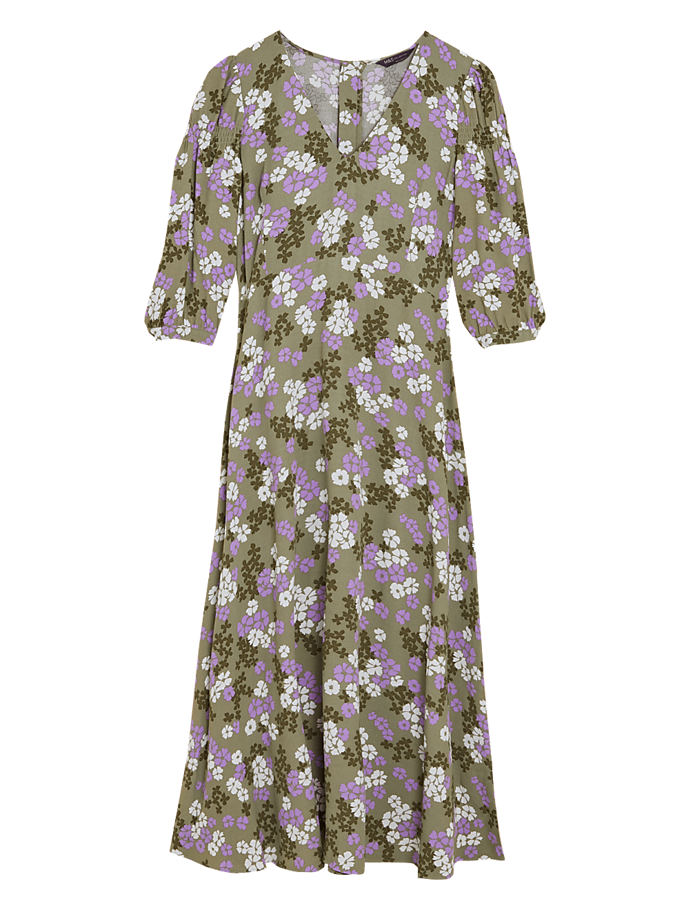Floral V-Neck Puff Sleeve Midi Tea Dress