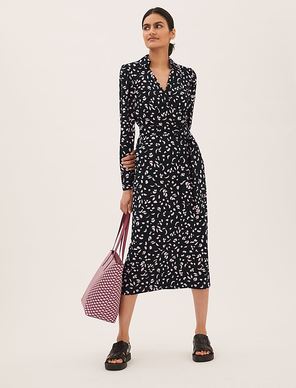 Printed Collared Midi Wrap Dress