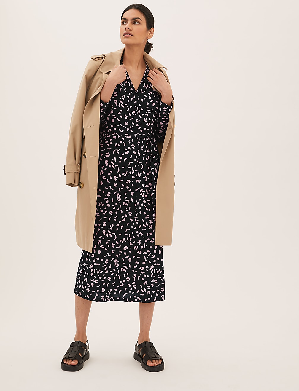 Printed Collared Midi Wrap Dress