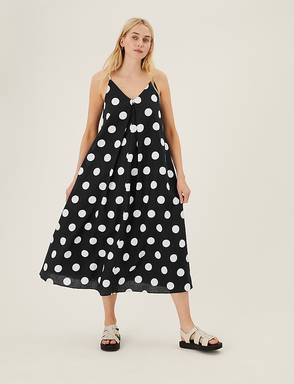 Linen Rich Polka Dot V-Neck Slip Dress