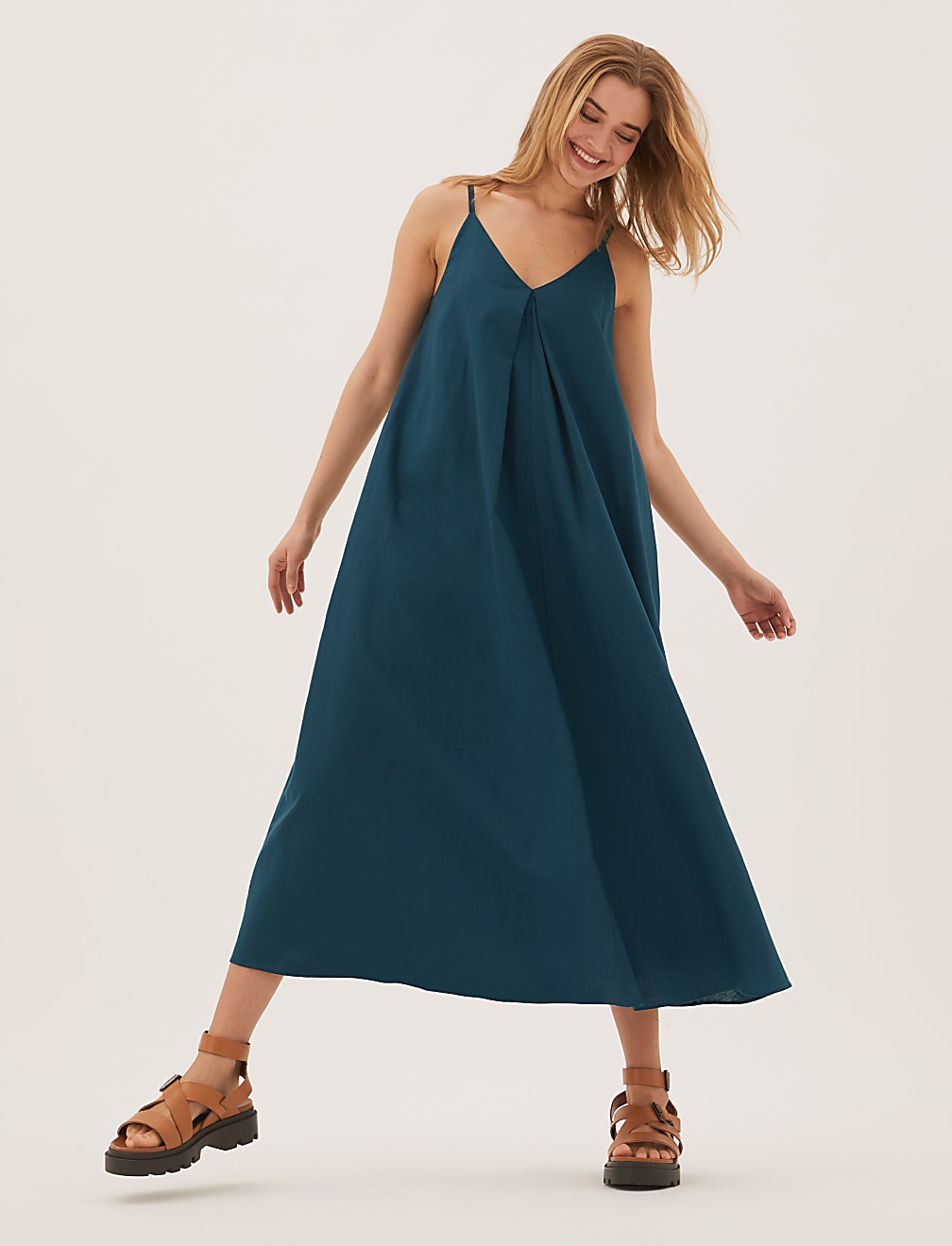 Linen Rich V-Neck Pleated Midi Slip Dress