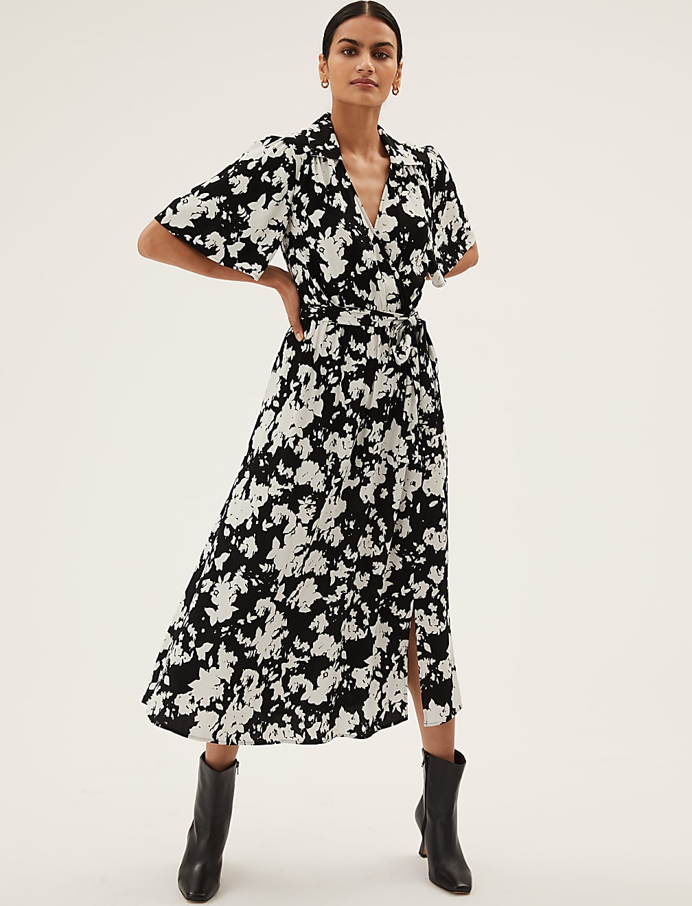Floral V-Neck Angel Sleeve Midi Wrap Dress