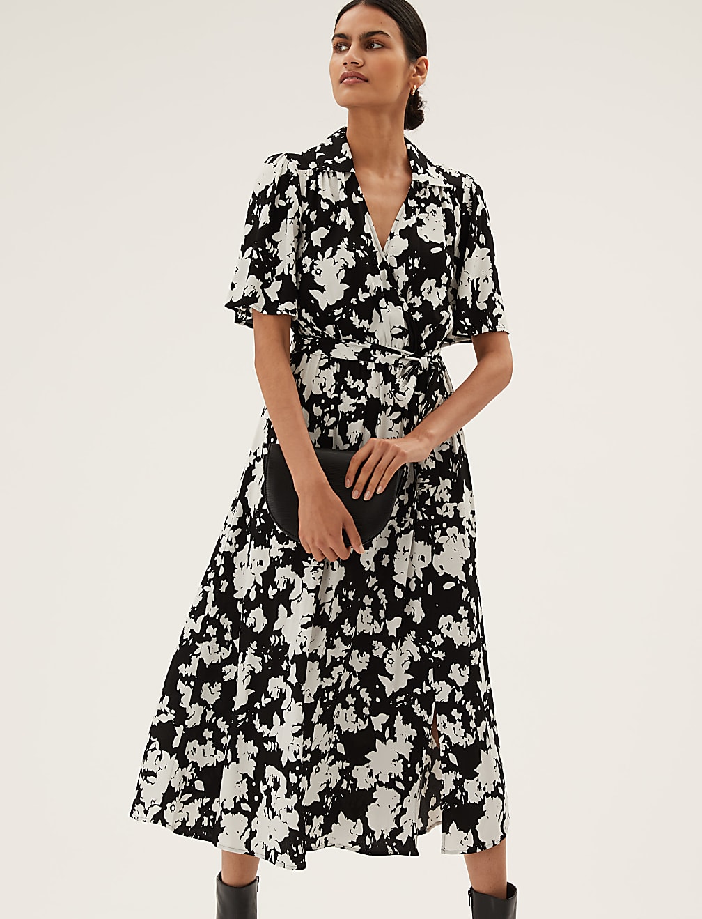 Floral V-Neck Angel Sleeve Midi Wrap Dress