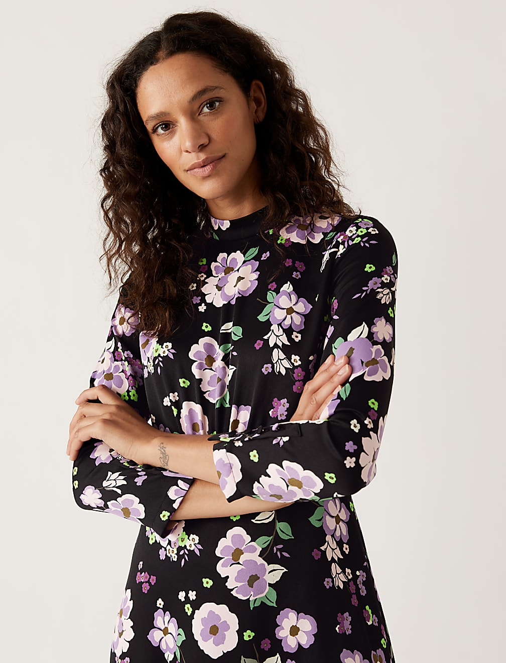 Satin Floral Button Detail Midi Dress