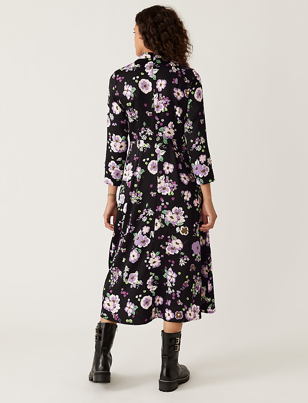 Satin Floral Button Detail Midi Dress