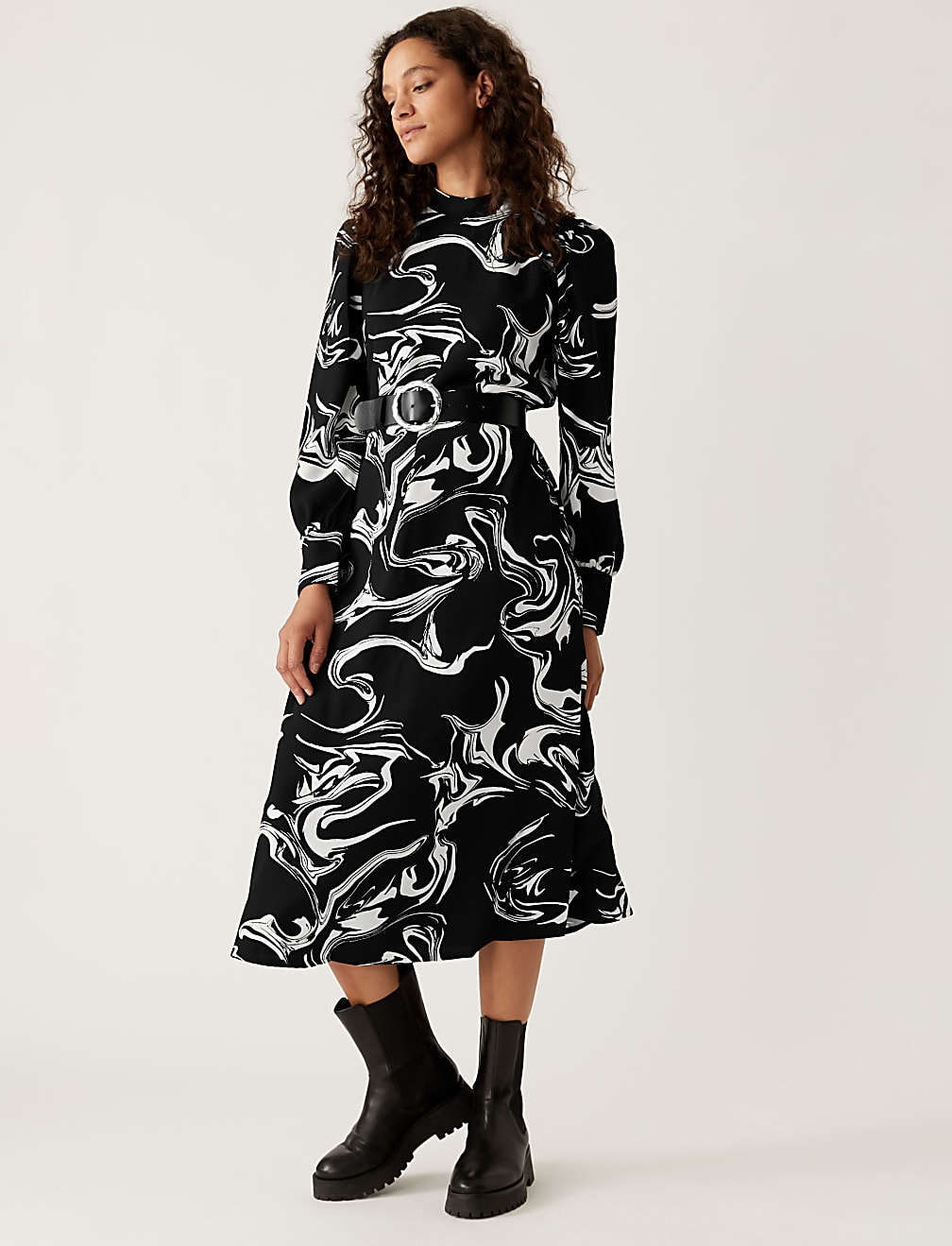 Marble Print Round Neck Midi Column Dress