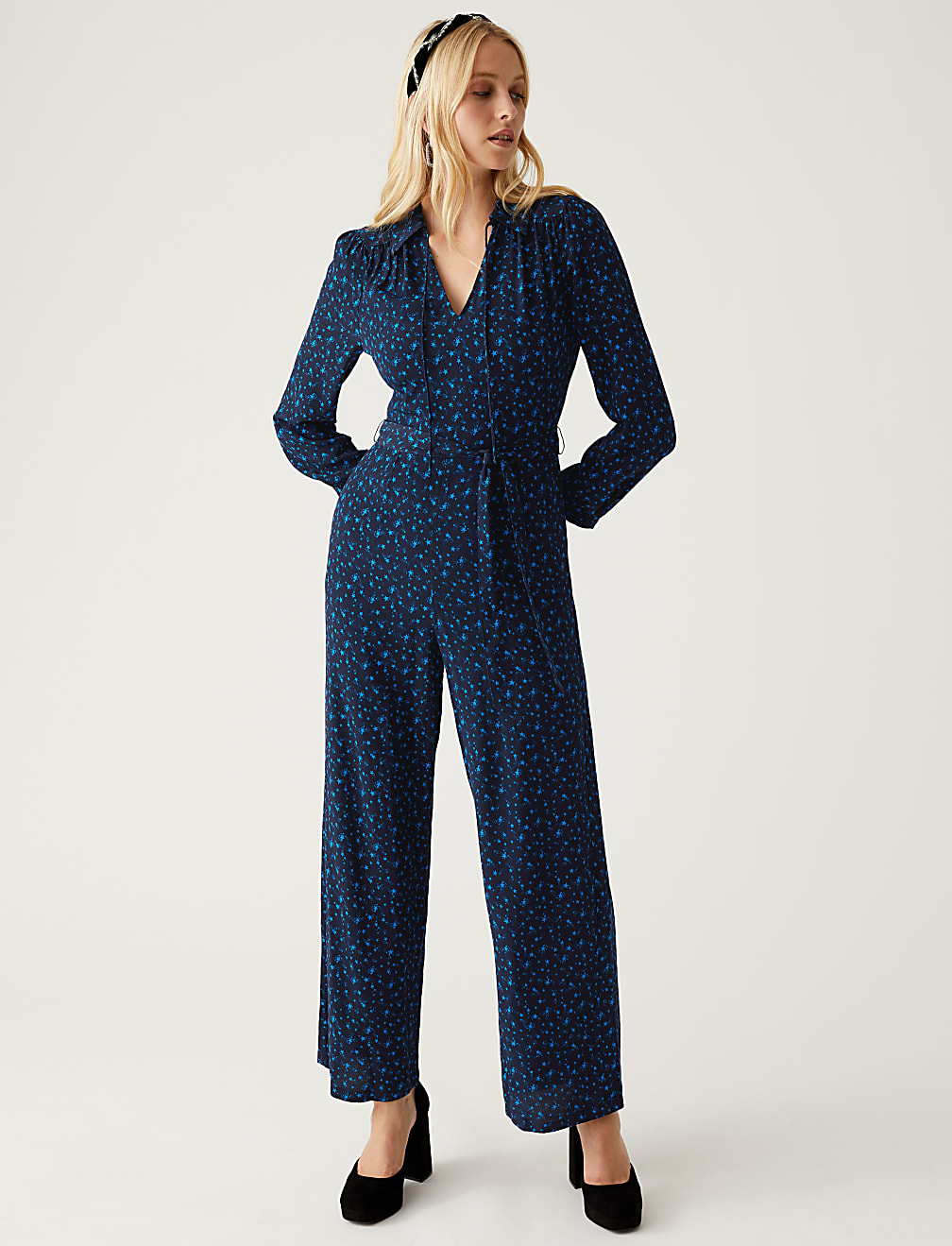 Star Print Tie Neck Belted Jumpsuit