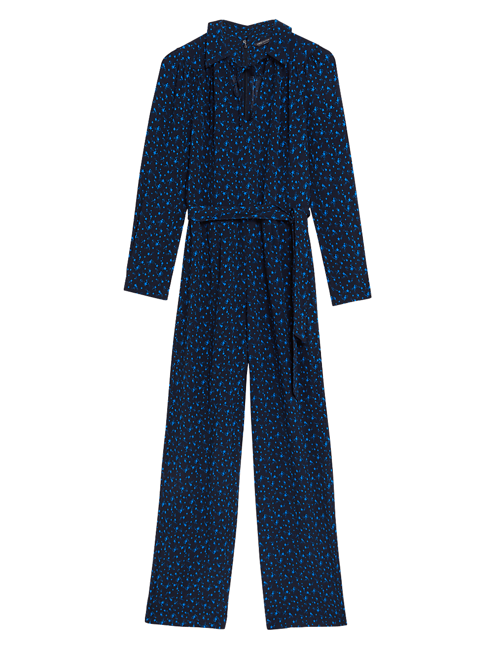 Star Print Tie Neck Belted Jumpsuit