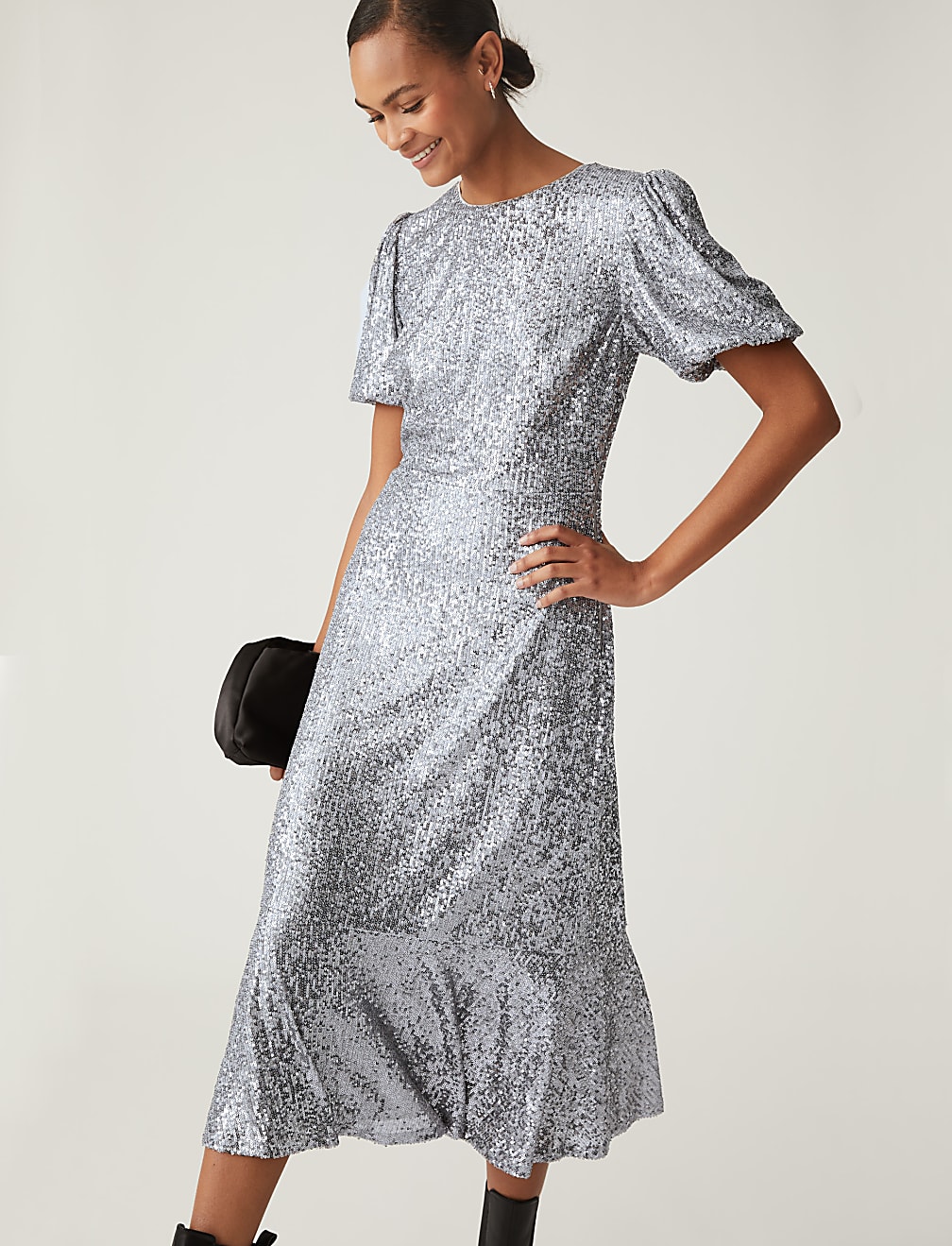 Sequin Round Neck Midi Tea Dress