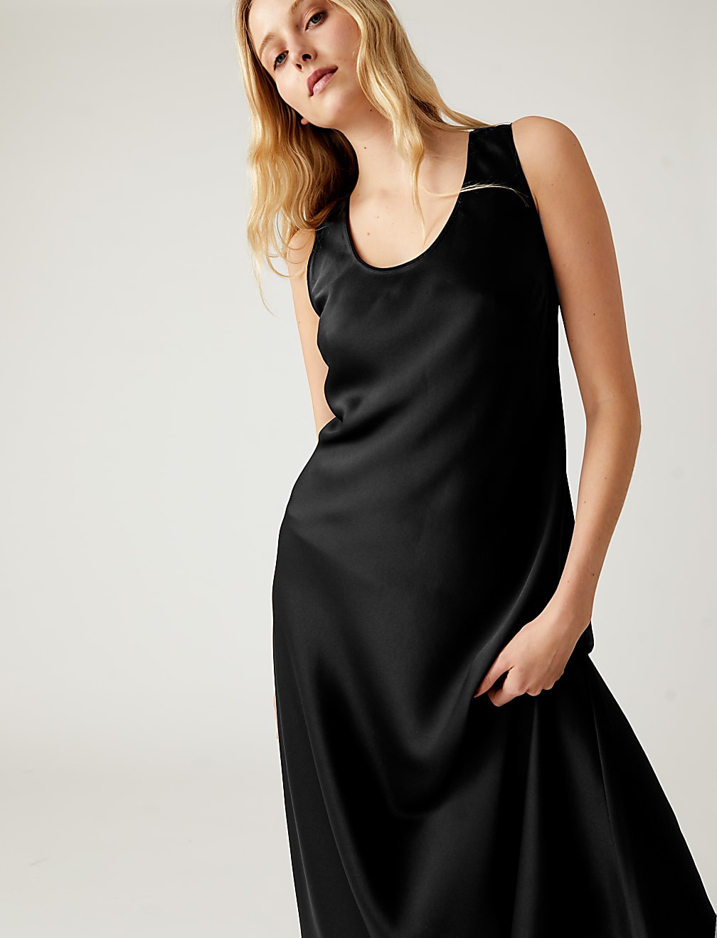 Satin Round Neck Midi Slip Dress