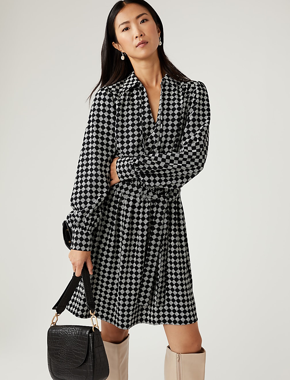 Checked Tie Neck Mini Waisted Dress