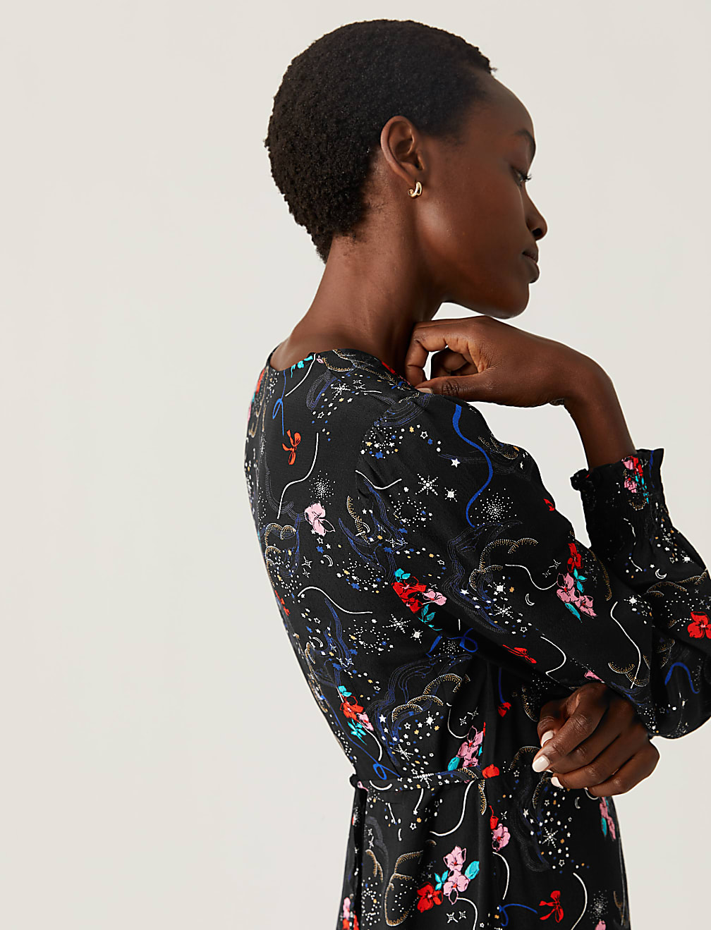 Floral V-Neck Blouson Sleeve Midi Tea Dress