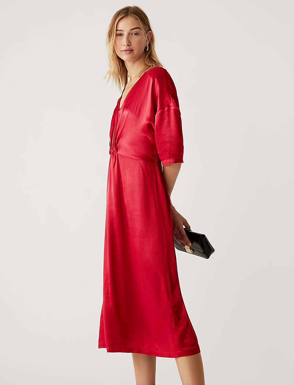 Satin V-Neck Midi Waisted Dress