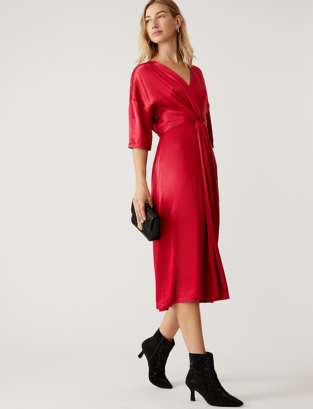 Satin V-Neck Midi Waisted Dress