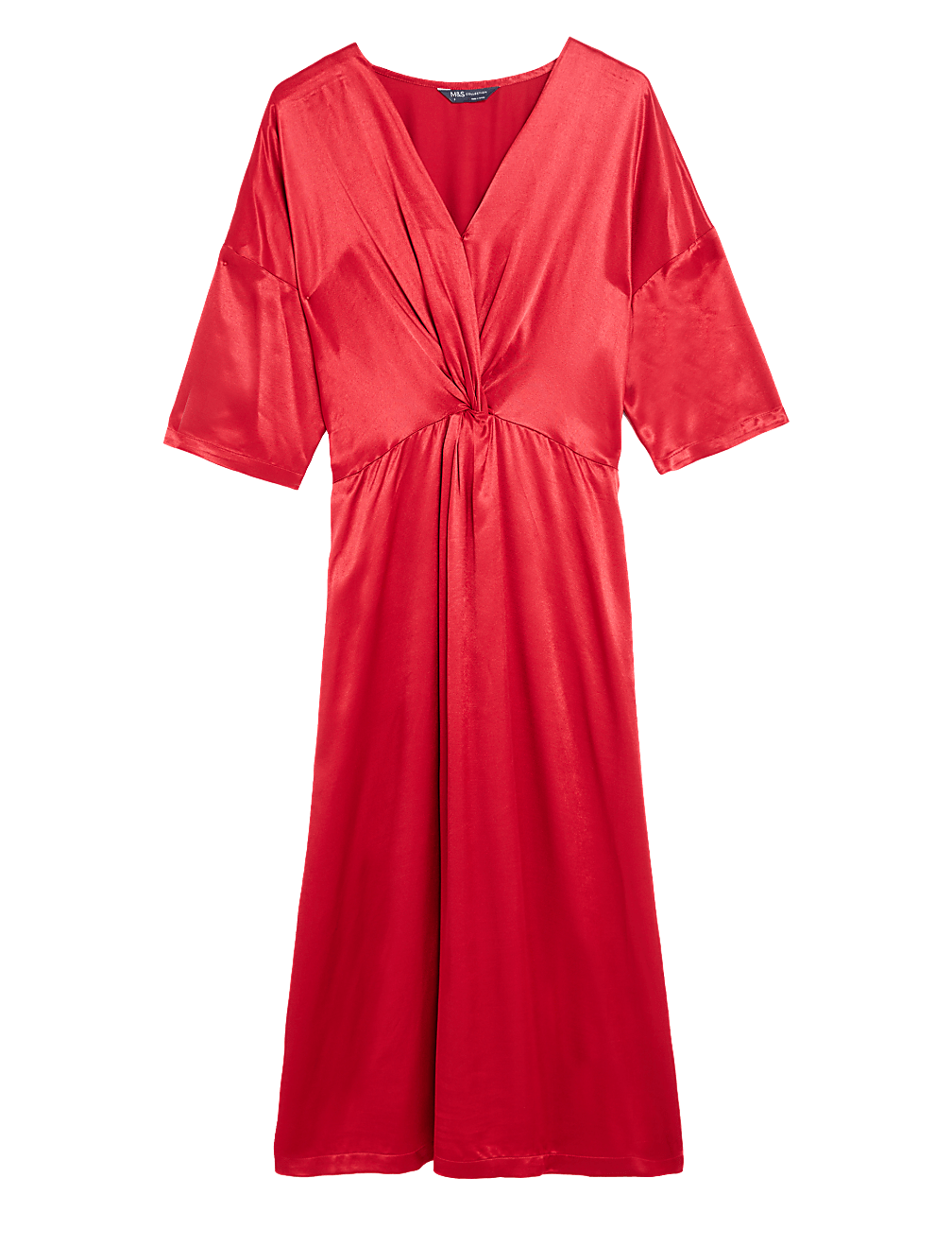 Satin V-Neck Midi Waisted Dress