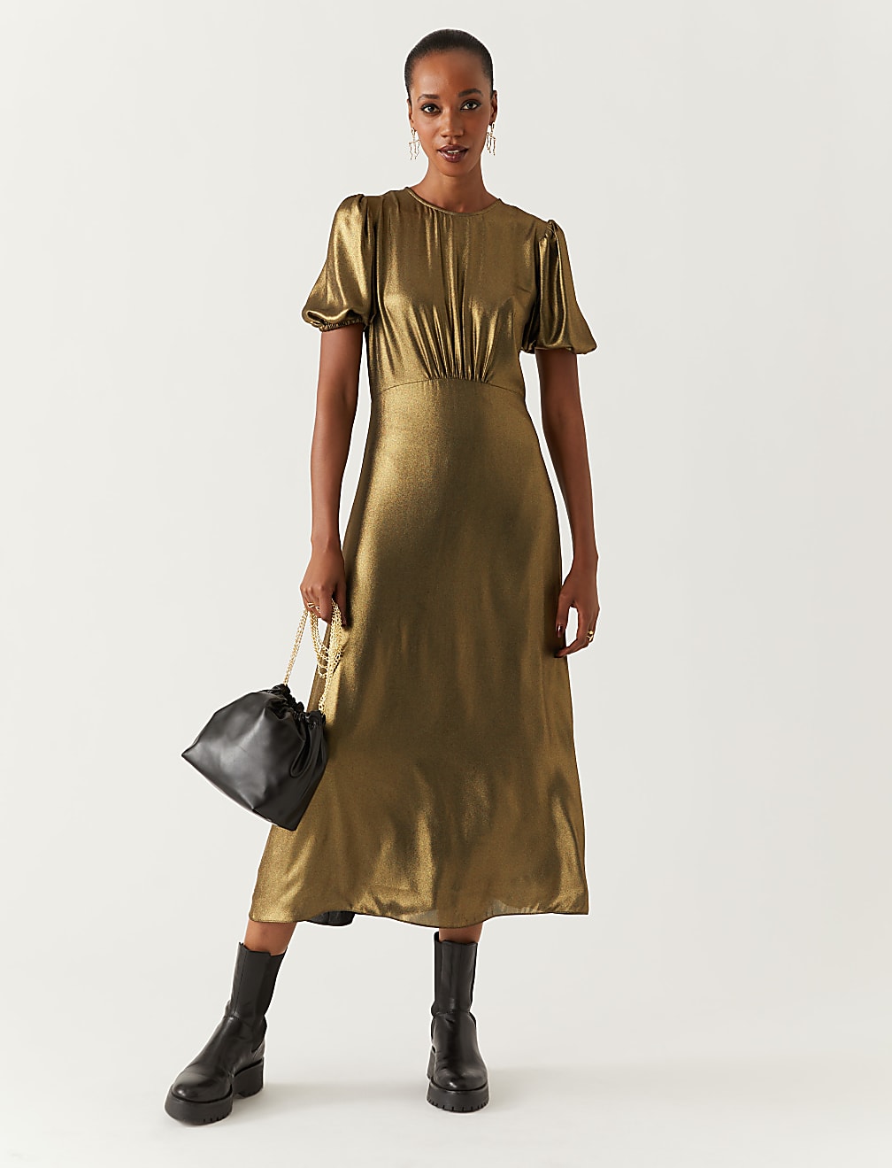 Lam&eacute; Round Neck Puff Sleeve Midi Tea Dress