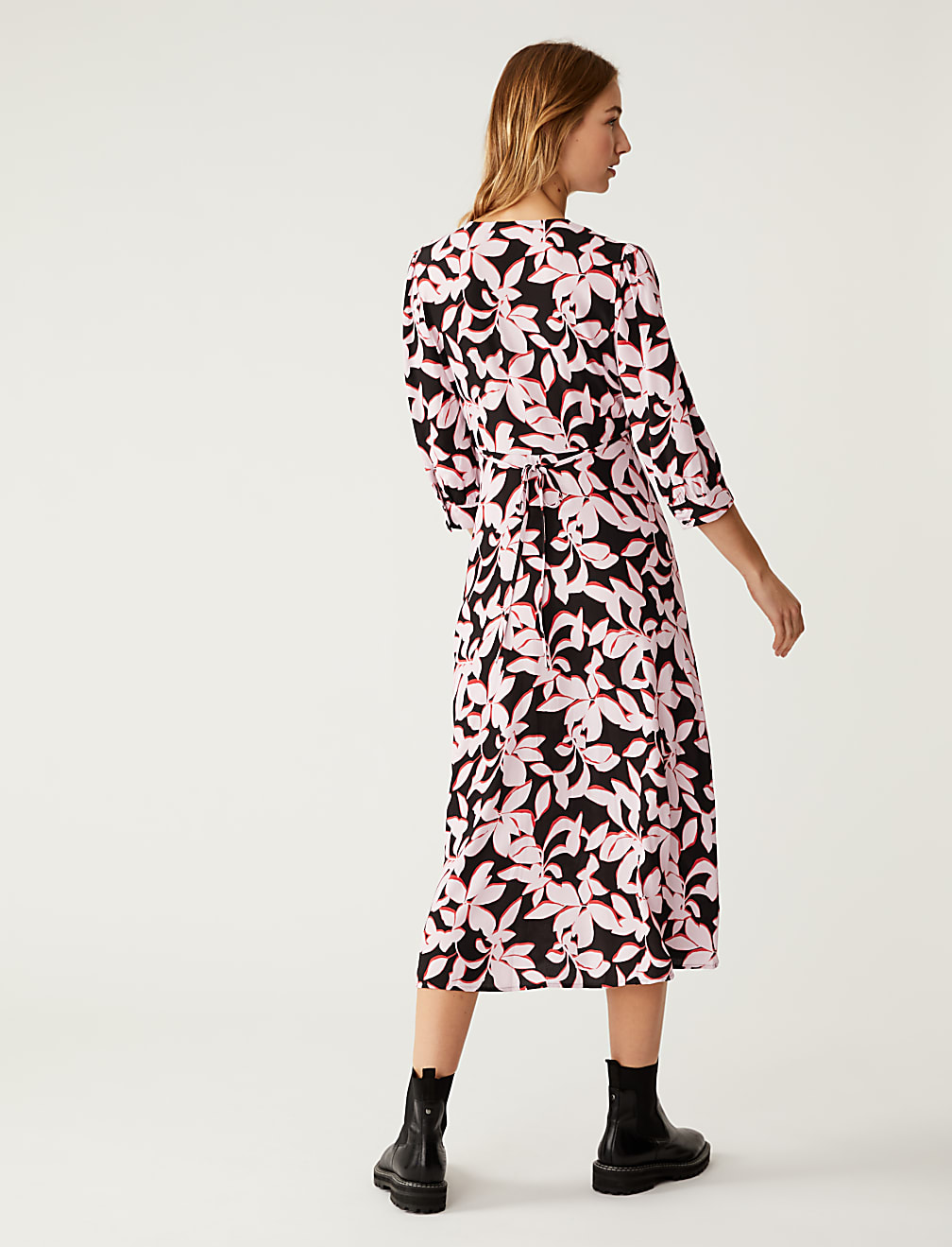 Floral V-Neck Tie Waist Midi Tea Dress