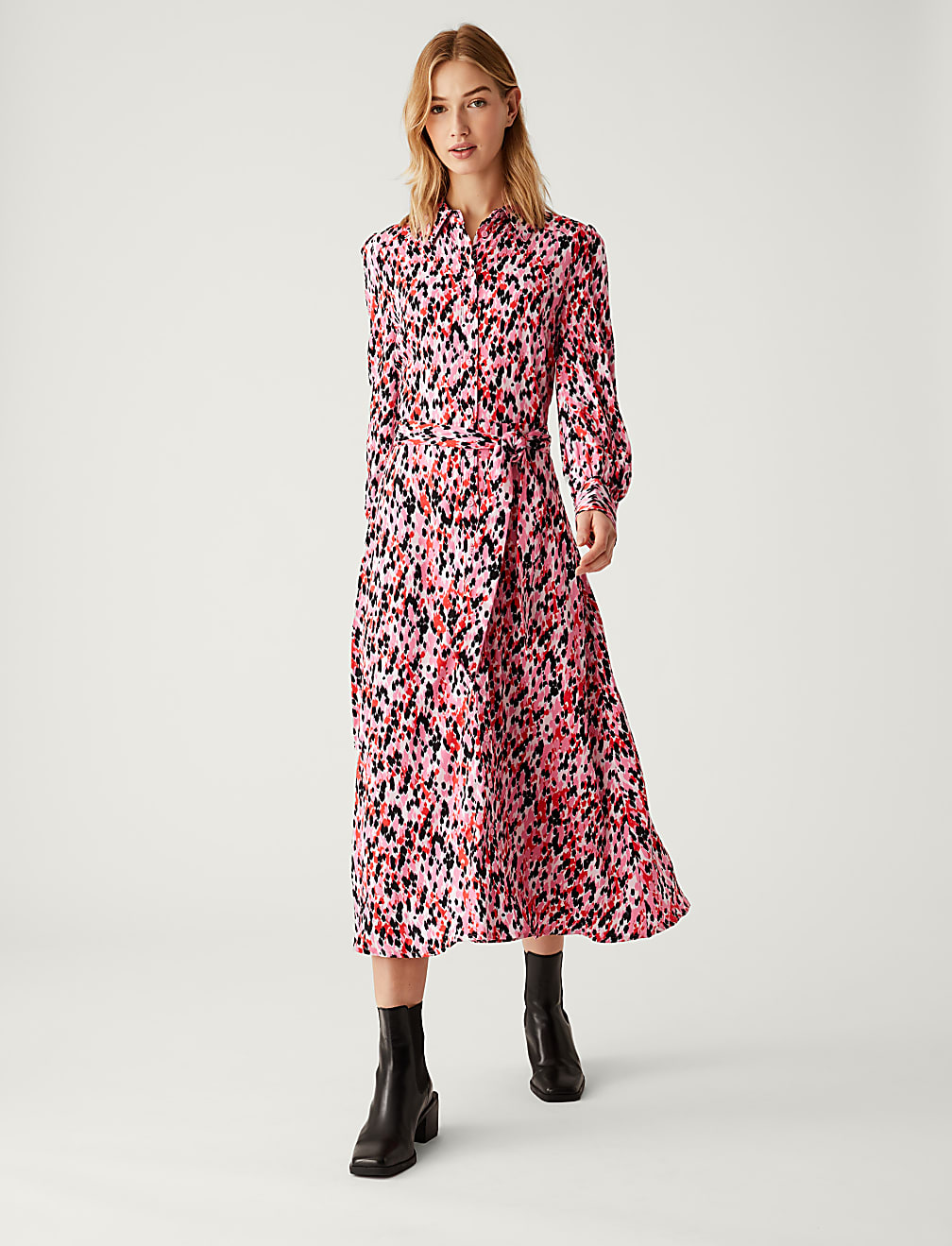 Animal Print Tie Waist Midi Shirt Dress