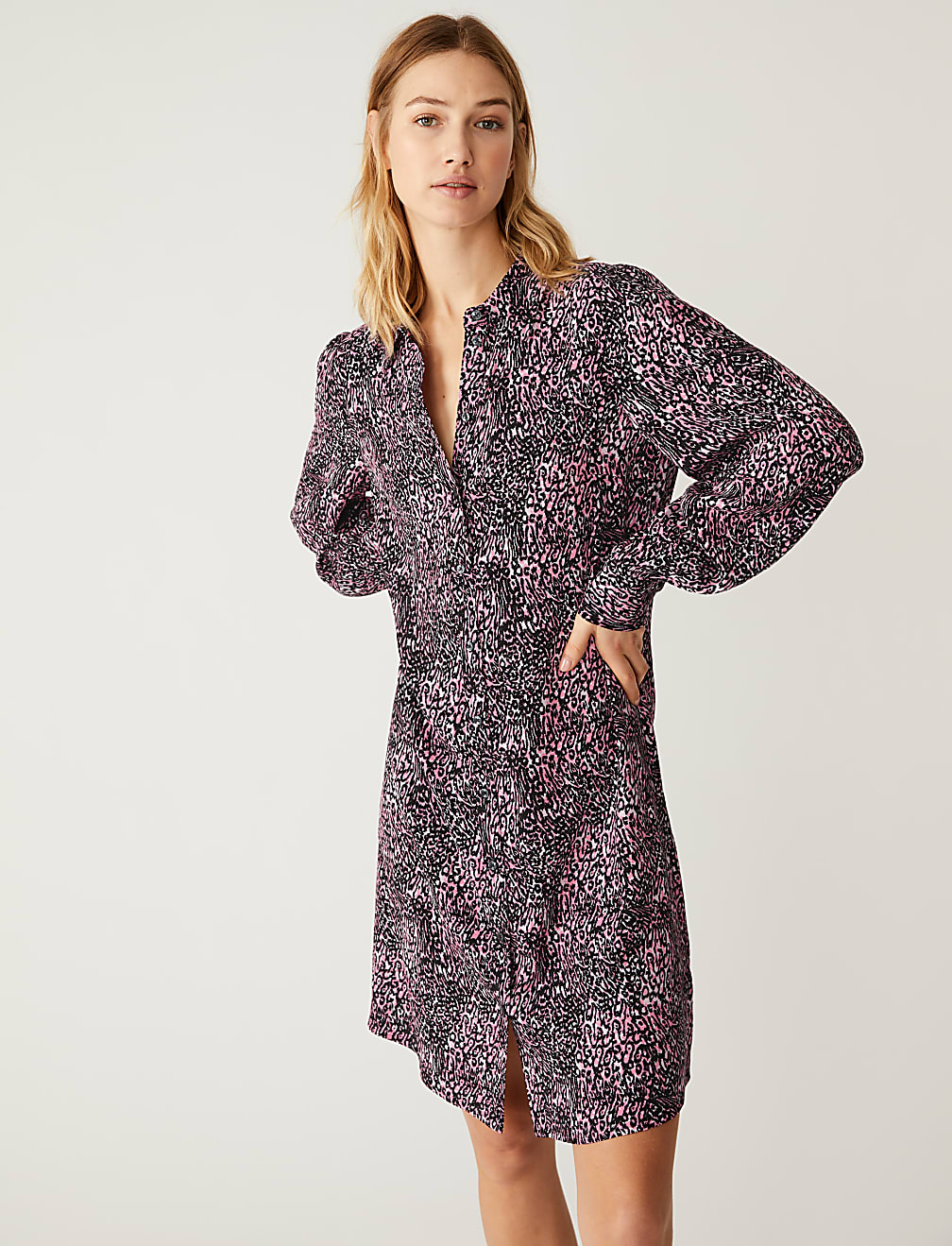 Animal Print Knee Length Shirt Dress