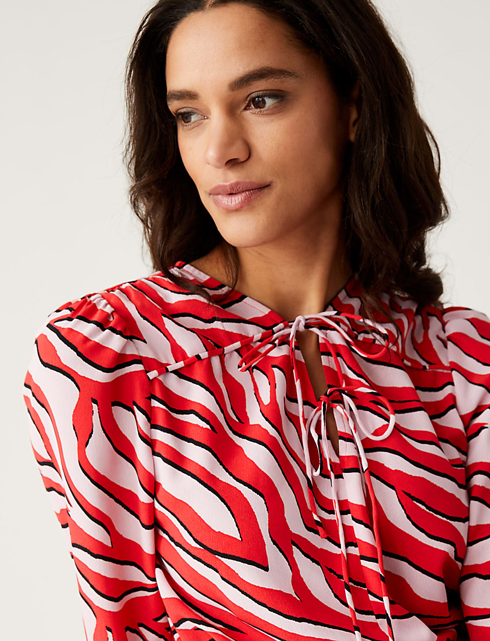 Zebra Print Tie Neck Midaxi Waisted Dress
