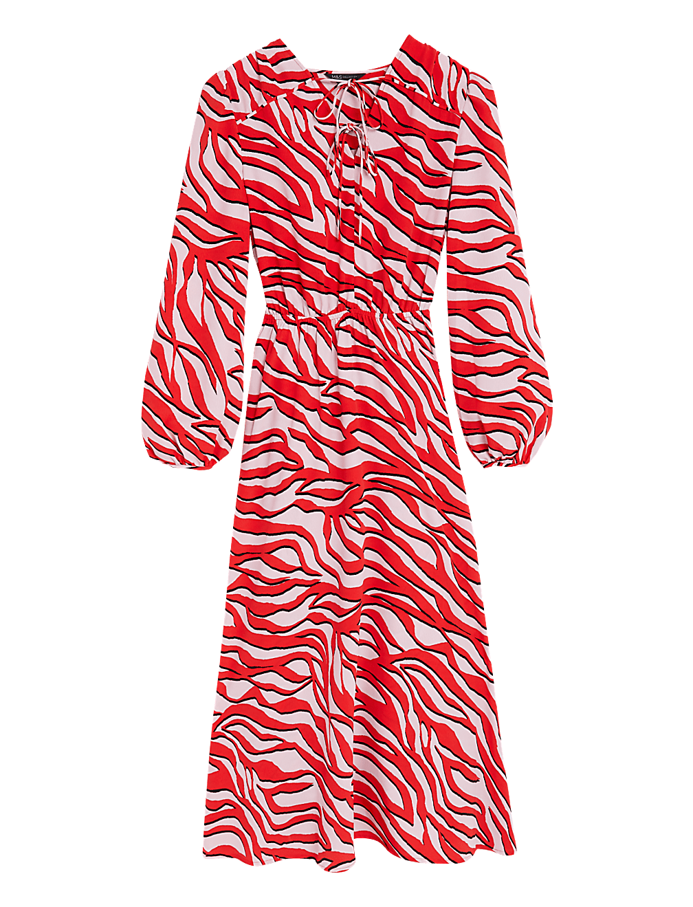 Zebra Print Tie Neck Midaxi Waisted Dress