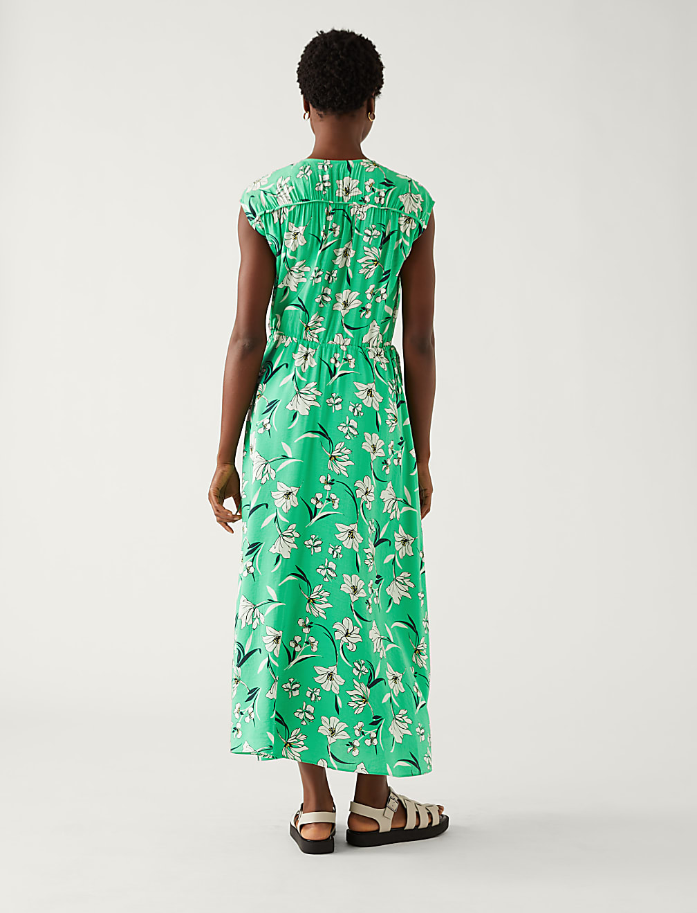 Floral Tie Neck Midaxi Waisted Dress