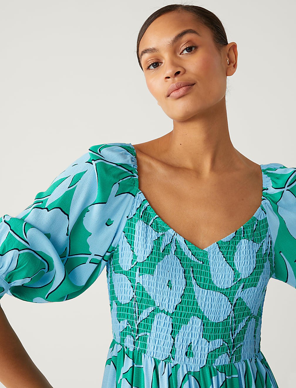 Floral Square Neck Midi Smock Dress